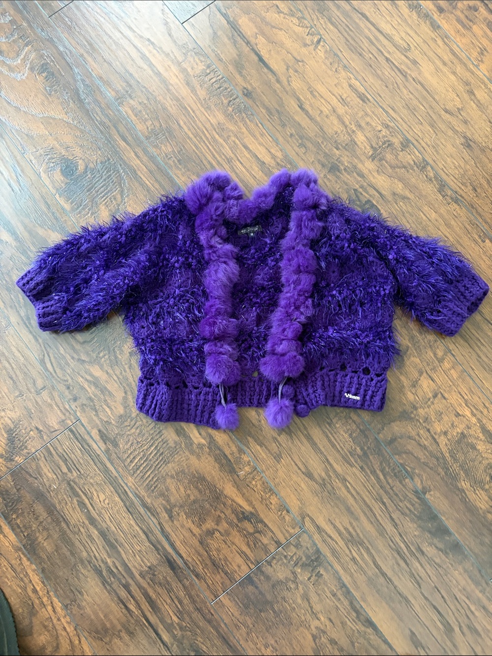 Vibrant Purple Fuzzy Pom-Trim Cropped Cardigan